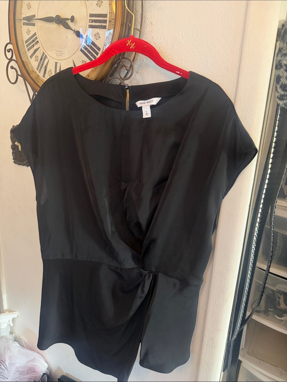 Nine West Black Satin Twist Front Blouse Top Size L